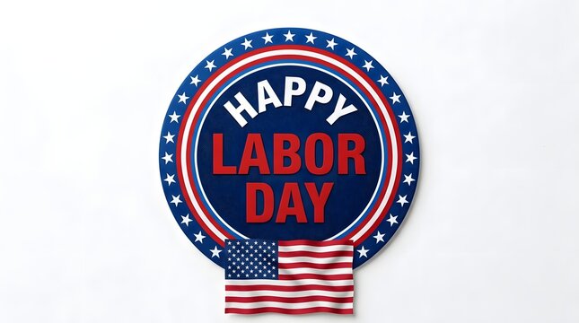 Happy Labor Day sign with American flag. USA holiday celebration badge on white background.
