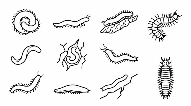 A collection of hand drawn illustrations featuring various types of worms and larvae.