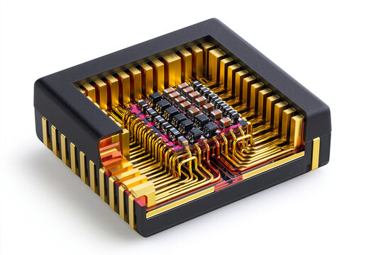 Microprocesseur 3D sur fond blanc, partiellement d&eacute;coup&eacute; pour d&eacute;voiler ses microcircuits internes en or et cuivre ainsi que ses transistors