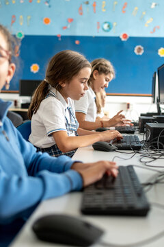 Girls using desktop computer in school computer lab