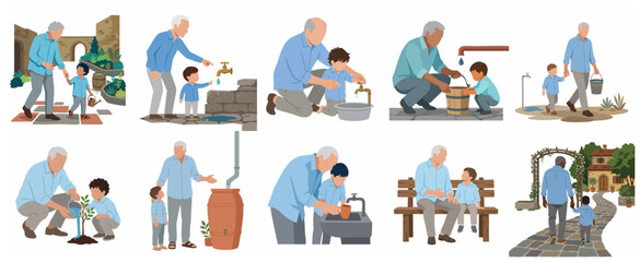 Fototapeta premium Grandfather teaching grandson about water conservation and sustainable living in a collection of flat vector illustrations. Concept of intergenerational bonding and environmental education.