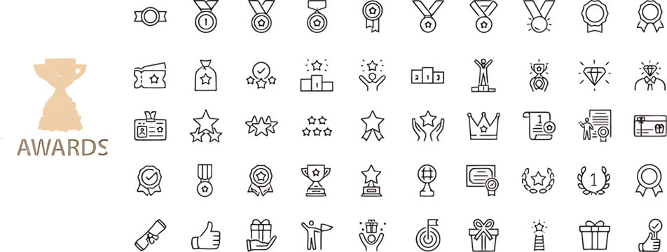 Awards trophies and achievement line icons set - editable stroke vector illustration