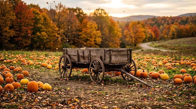 Rustic wooden wagon in a field of orange pumpkins with fall foliage