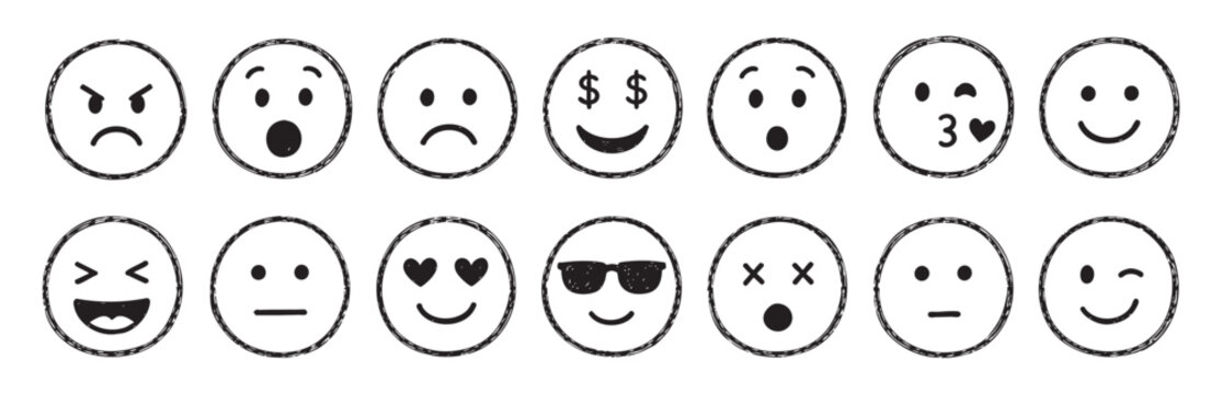 Hand drawn emoji face icons and smiley expressions. Doodle emoticon vector collection with happy, sad and funny reaction symbols.