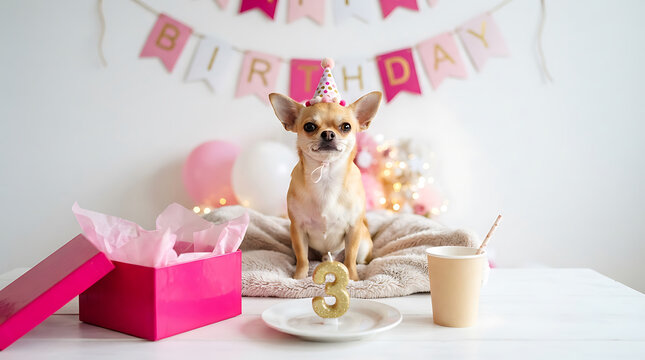 Chihuahua dog wearing party hat celebrating third birthday with cake candle and balloons puppy canine