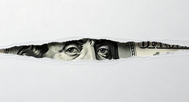 Benjamin Franklin Eyes on 100 Dollar Bill Peeking Through Torn Paper
