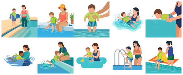 Set of flat illustrations showing a mother teaching her toddler how to swim in a pool, including water safety, splashing, and learning to float.