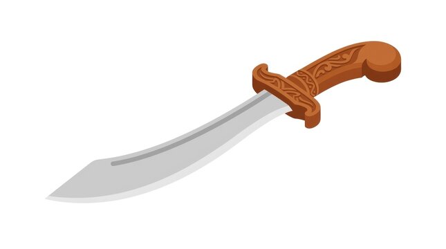 Curved ancient sword with ornate brown handle isolated on white background