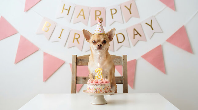 Chihuahua wearing party hat sits by birthday cake with number 3 candle animal