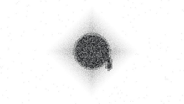 Eye shape formed by a dense black halftone dot pattern on a white background, abstract symbol for vision or perception concepts