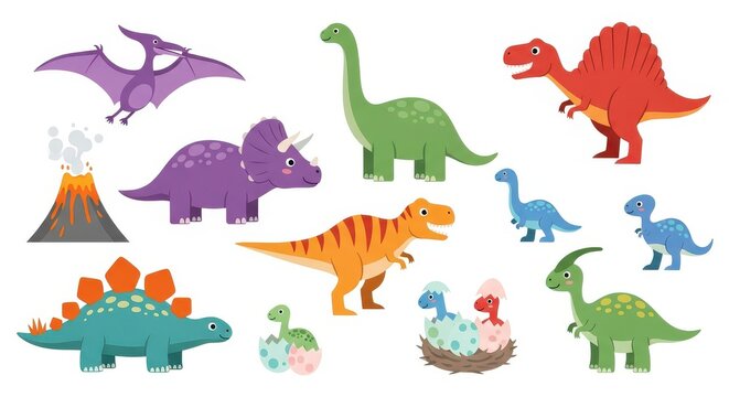 Cute Cartoon Dinosaur Collection with Volcano and Eggs, Flat Vector Illustration Set for Kids Education and Design