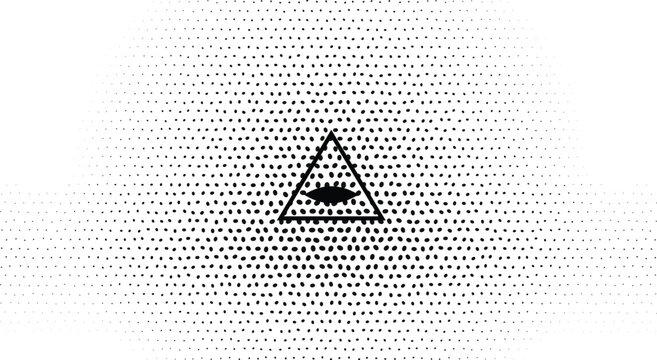 Eye of providence inside a triangle, halftone dot pattern on a white background, mystical symbol, sacred geometry for occult