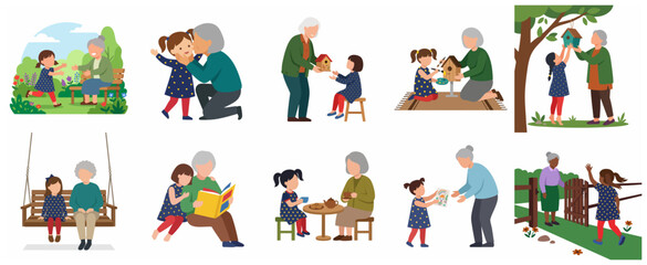 Naklejka premium Grandmother and Granddaughter Bonding Activities Set, Flat Vector Illustration of Senior Woman and Little Girl Quality Time
