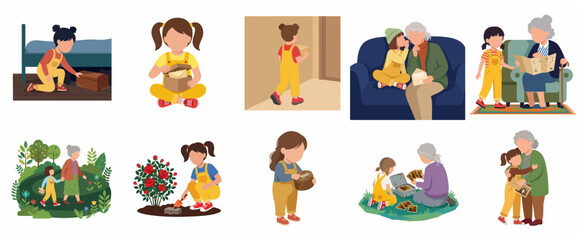 Fototapeta premium Set of flat vector illustrations depicting a grandmother and granddaughter sharing memories, secrets, and family history through old letters and photographs.