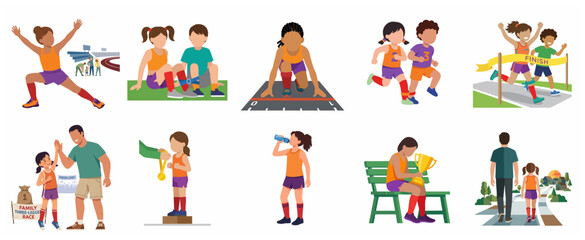 Fototapeta premium Kids sports day vector set featuring children running, three-legged race, winning medals, and family support in various track and field activities