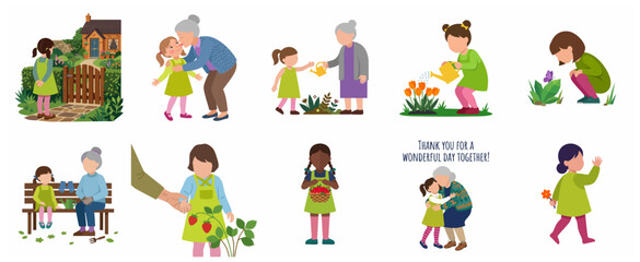 Fototapeta premium Grandmother and granddaughter gardening and bonding set of flat vector illustrations. Intergenerational family time in the garden, watering flowers and harvesting berries.