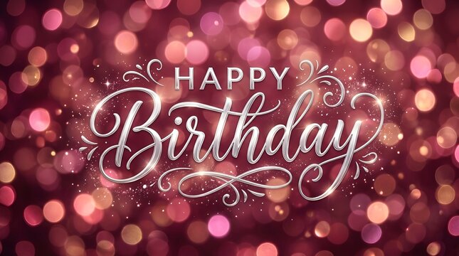 Happy Birthday glittering text with bokeh background and sparkles