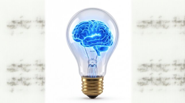 Glowing blue human brain inside a light bulb