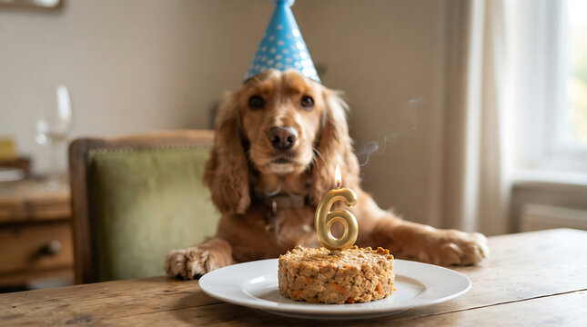Cocker spaniel dog wearing blue birthday hat with cake and number 6 candle