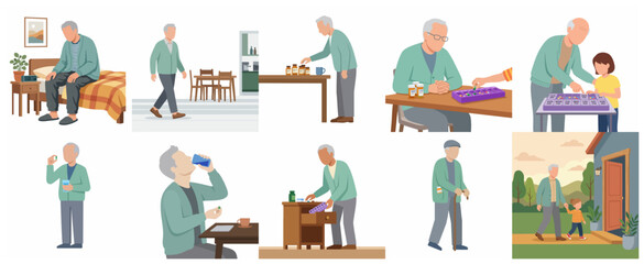 Fototapeta premium Senior Man Healthcare and Medication Management Routine Flat Illustration Set