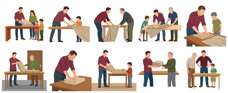 Vector illustration set of men, seniors, and children folding blankets and textiles on wooden tables