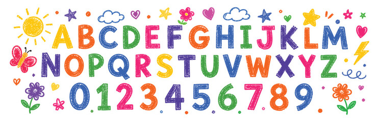 Set of colorful hand-drawn alphabet letters and numbers with cute doodle elements like sun, flowers, hearts, and stars isolated on white background. © Zbrake Studio