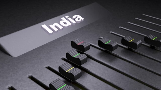 India text on audio mixer console, conceptual slider controls for Indian economy and politics, professional sound board with faders