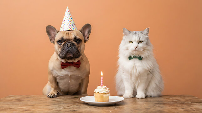 French bulldog and fluffy cat wearing party hats and bow ties with cupcake