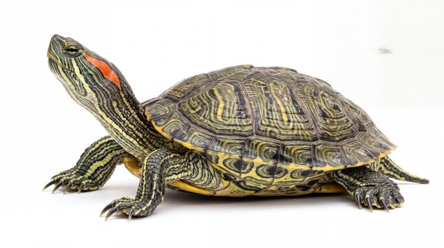 Red eared slider turtle walking on the ground