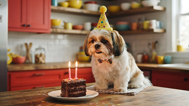 Shih tzu dog wearing birthday hat sits by chocolate cake with candles puppy canine