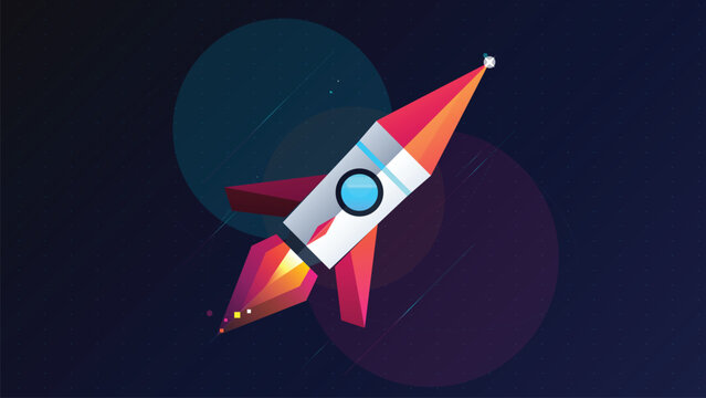 Colorful rocket ship launching into space with stars