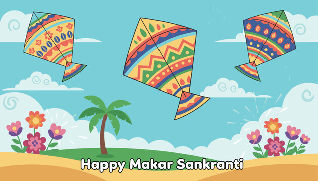 Beautiful decorated kites flying in a cloudy blue sky with palm trees and flowers, celebrating Happy Makar Sankranti.