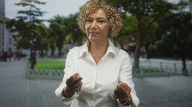 Woman shows both middle fingers and visible rings on a city street near a park in a white shirt; defiance boldness rebellion.