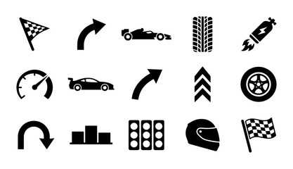 Fototapeta premium Racing icons set with 15 black vector symbols, professional motorsport competition elements, automotive speed and car race graphics