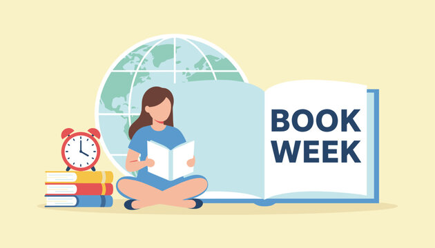 Young woman sitting on the floor and reading a book next to a giant open book for the Book Week celebration.