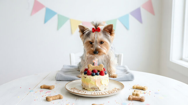 Yorkshire terrier wearing red bow sits by birthday cake with candle and dog treats puppy