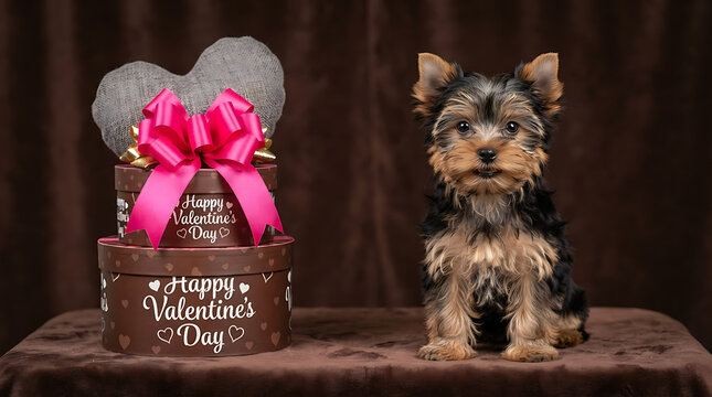 Yorkshire terrier puppy sits beside valentine's day gift boxes with pink bow canine