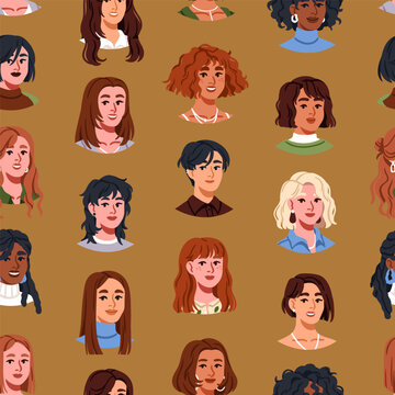 Women hairstyles, seamless pattern. Female heads, faces, modern hair style, endless beauty salon background. Repeating print design with fashion haircuts, hairdos, girls. Flat vector illustration