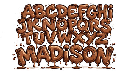 Chocolate melting alphabet set, brown liquid dripping font collection, sweet cocoa letters for dessert branding, delicious food typography eps vector © Iconify Studio