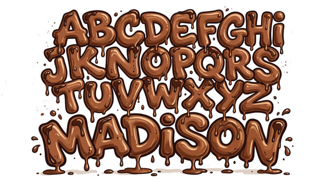 Chocolate melting alphabet vector set, delicious liquid cocoa font with dripping letters, sweet brown food typography for dessert branding