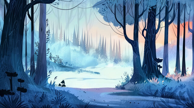 Rural hills and forest panorama watercolor illustration. Ethereal style with pastel colors, suitable as a background or for illustrated books.