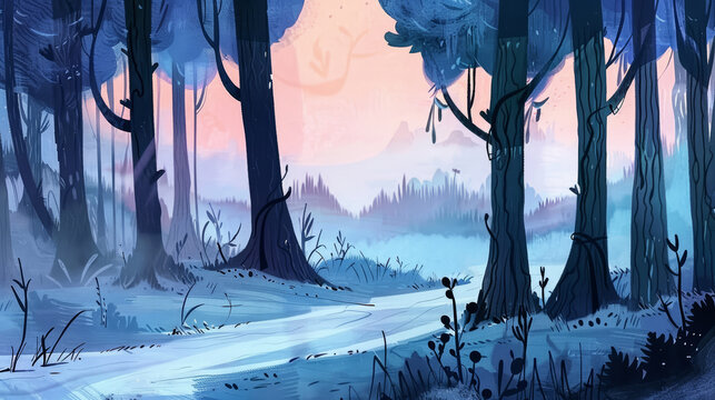 Rural hills and forest panorama watercolor illustration. Ethereal style with pastel colors, suitable as a background or for illustrated books.