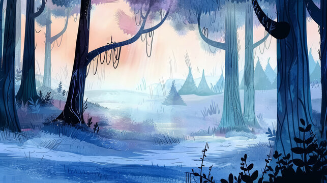 Rural hills and forest panorama watercolor illustration. Ethereal style with pastel colors, suitable as a background or for illustrated books.
