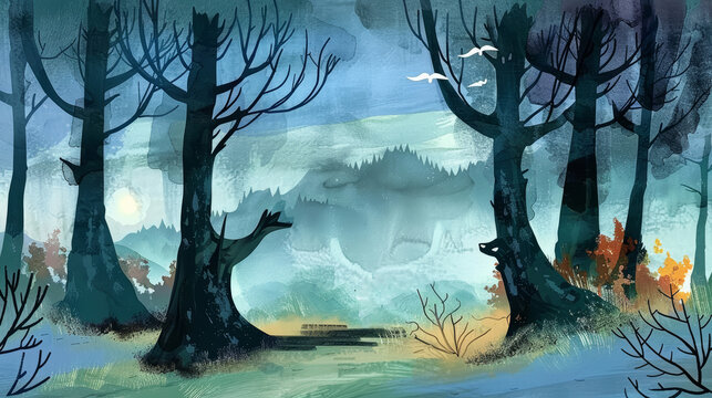 Rural hills and forest panorama watercolor illustration. Ethereal style with pastel colors, suitable as a background or for illustrated books.