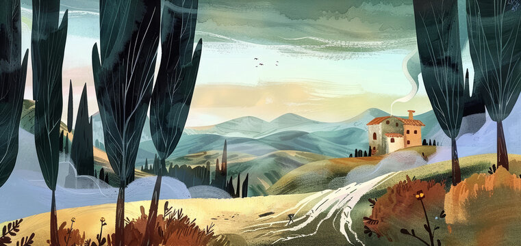 Rural hills and forest panorama watercolor illustration. Ethereal style with pastel colors, suitable as a background or for illustrated books.