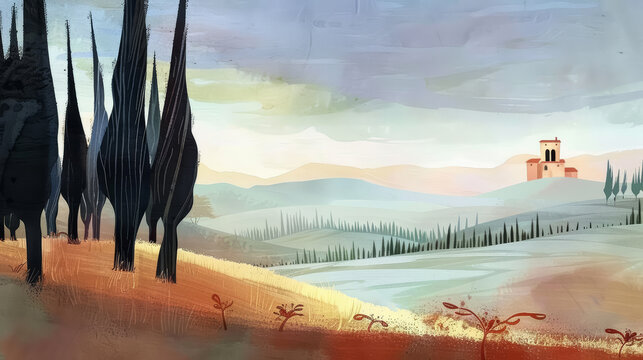 Rural hills and forest panorama watercolor illustration. Ethereal style with pastel colors, suitable as a background or for illustrated books.
