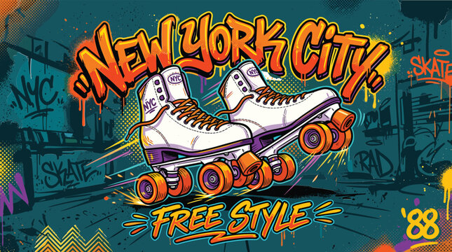 Graffiti roller skates vector illustration, retro urban street art with New York City text, vintage freestyle skating poster design