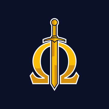 A stylized graphic combining a sword, Greek letter Phi, and Omega symbols on dark background
