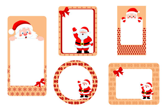 Set of 6 festive Christmas frame borders with Santa Claus, red bows, snowflakes, polka dots, and "HO HO HO" patterns on peach background for cards, invitations, and social media.