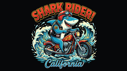 Vintage Shark Rider motorcycle illustration, retro biker shark on chopper with ocean waves, California surf and moto culture vector art © Iconify Studio